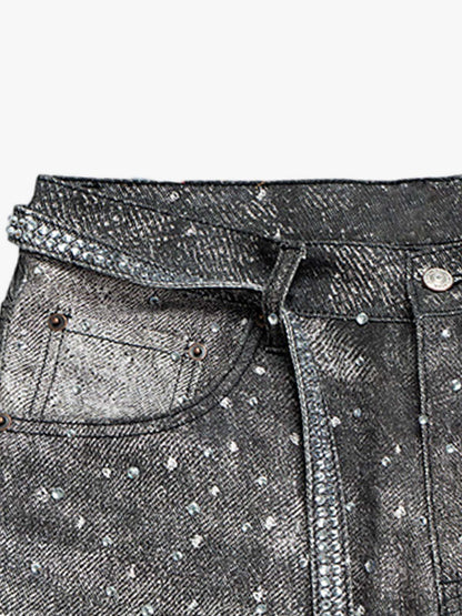 Distressed Diamond Decorated Belt Jeans 