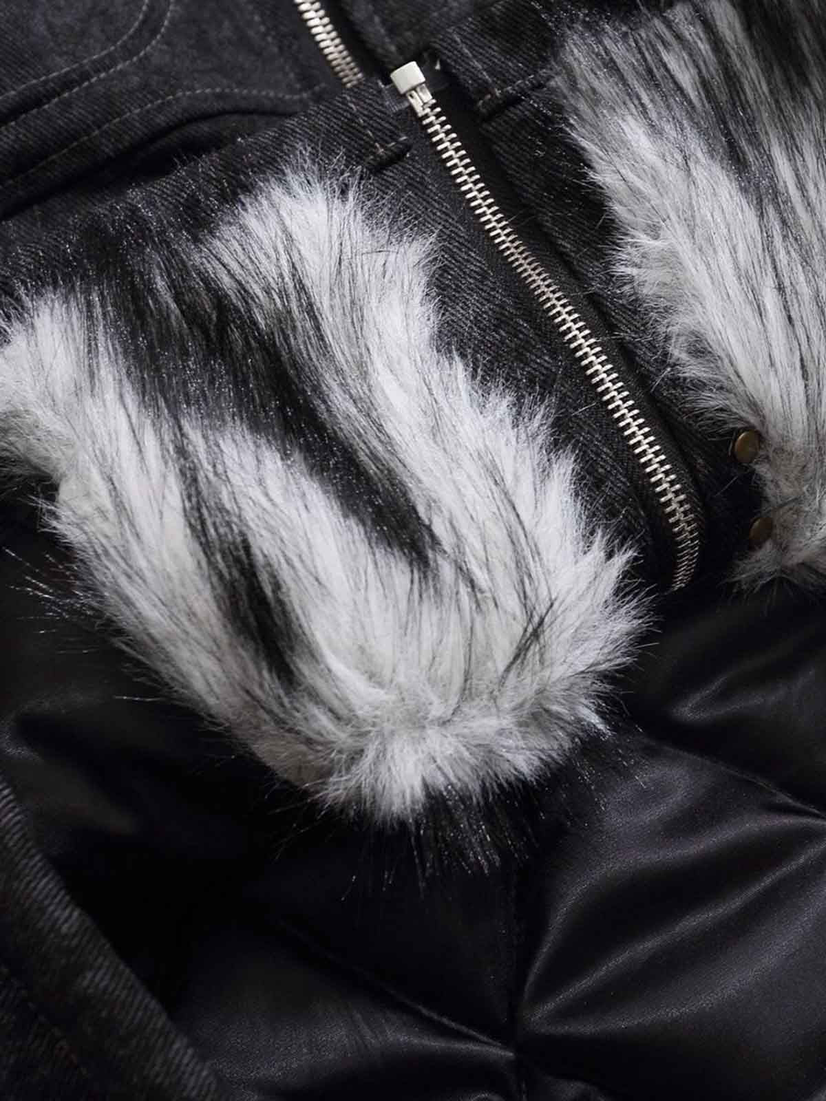 Vintage Metal Buckle Faux Fur Trim Padded Denim Jacket 