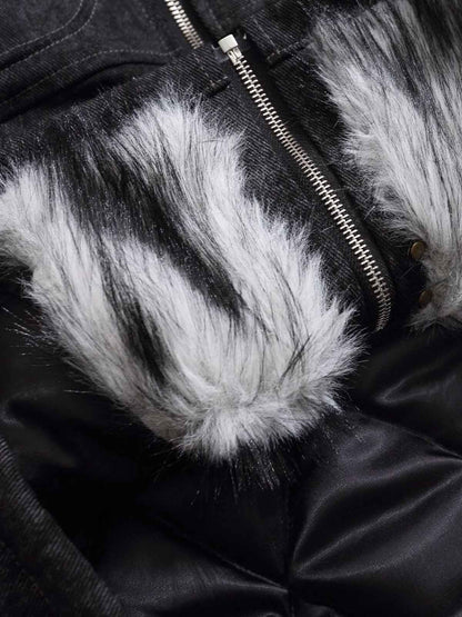 Vintage Metal Buckle Faux Fur Trim Padded Denim Jacket 