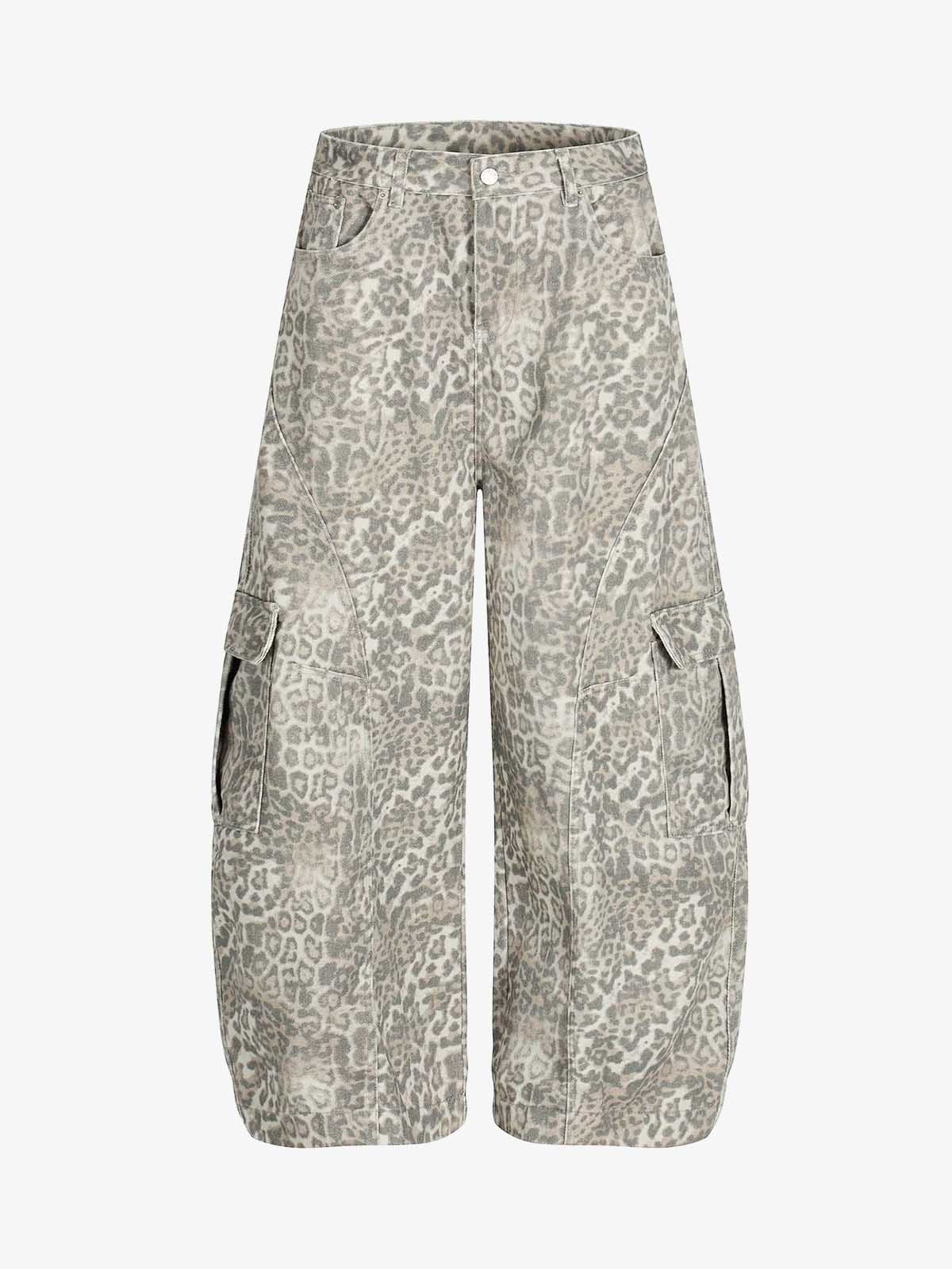 Light Leopard Print Wide-Leg Cargo Barrel Pants 