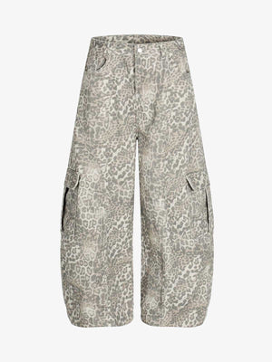 Light Leopard Print Wide-Leg Cargo Barrel Pants 