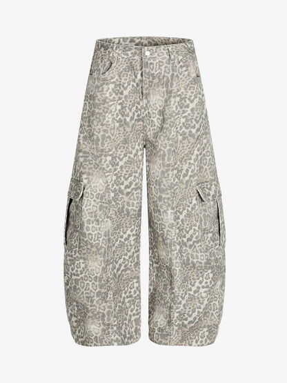 Light Leopard Print Wide-Leg Cargo Barrel Pants 