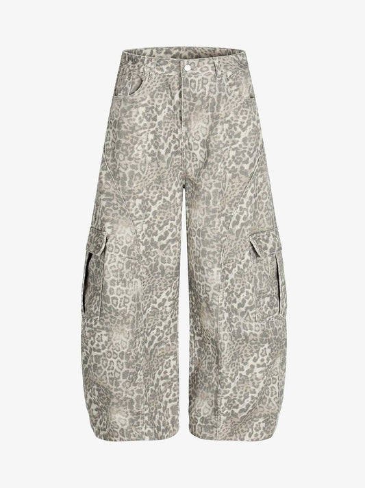 Light Leopard Print Wide-Leg Cargo Barrel Pants 