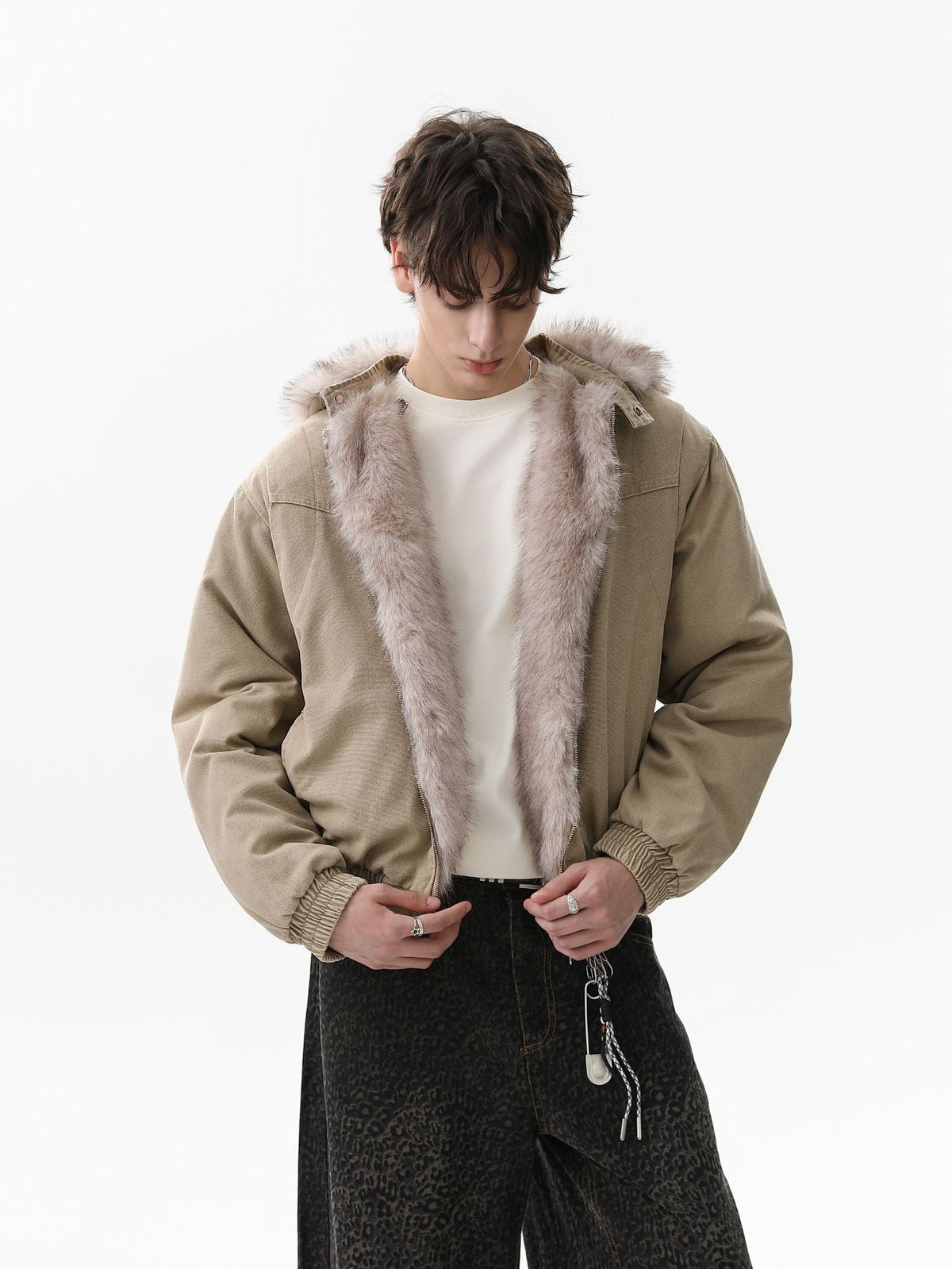 Street Outdoor Detachable Fur Collar Fleece Hooded Padded Jacket 