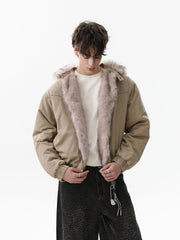 Street Outdoor Detachable Fur Collar Fleece Hooded Padded Jacket 