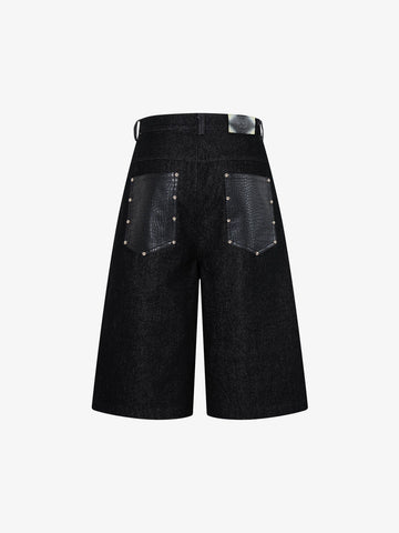 Black Denim Jacket with Croc-Embossed Trim – Metal Snap Button Streetwear Jacket