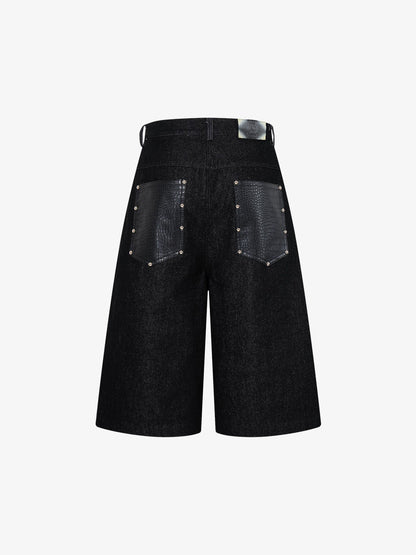 Black Denim Jacket with Croc-Embossed Trim – Metal Snap Button Streetwear Jacket