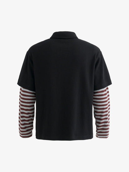 Stylish Black Polo Shirt with Striped Sleeves and Graphic Design 