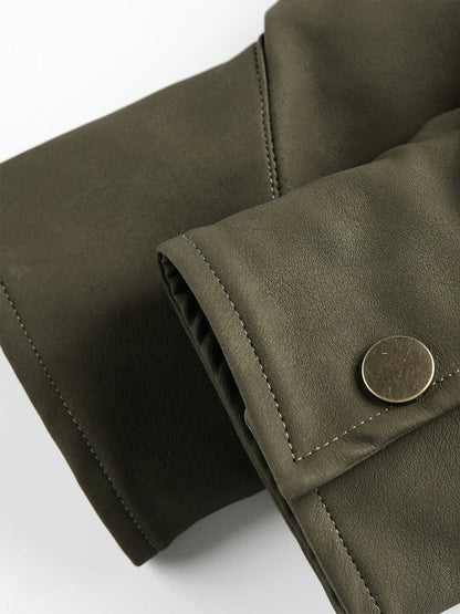 Thesupermade Street Style Lamb Fur Collar Leather Buckle PU Leather Jacket 