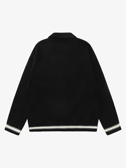 Retro Striped Contrast Panel Button-Up Collar Sweater 