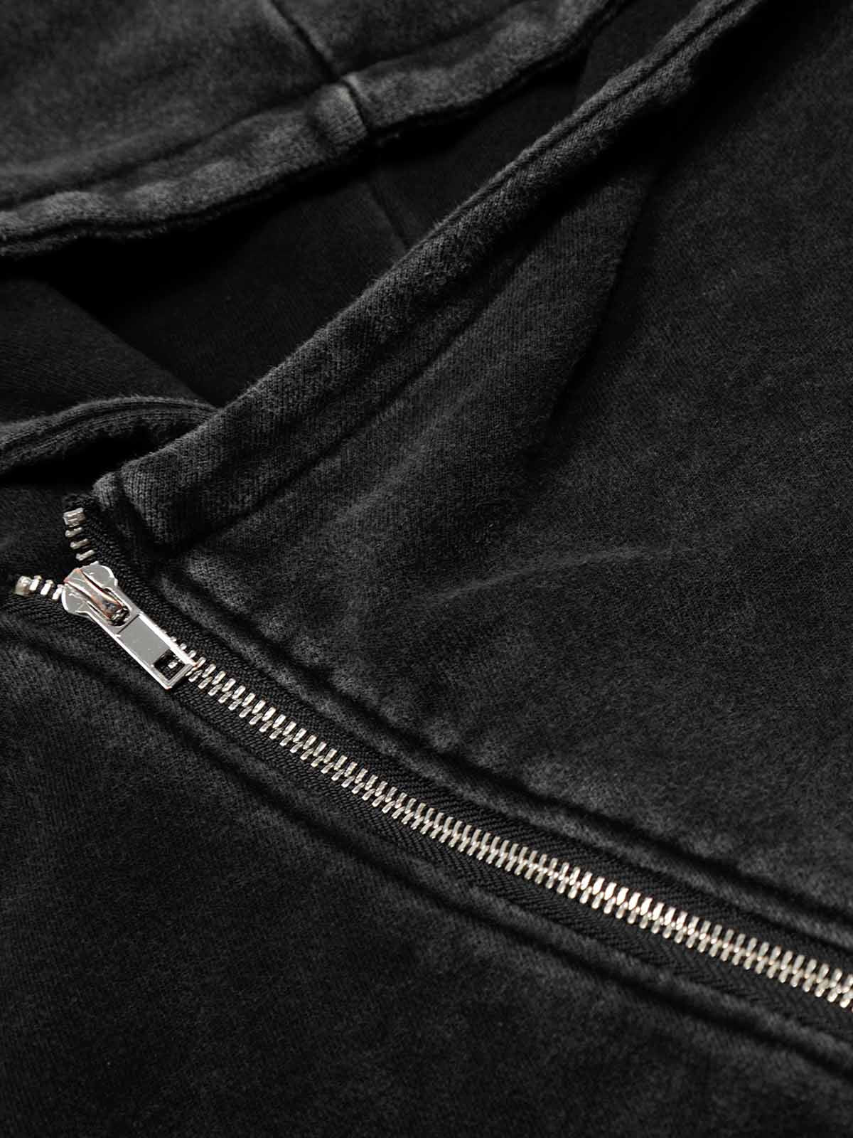 Distressed Washed Asymmetrical Placket Zip-Up Hoodie