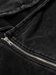 Distressed Washed Asymmetrical Placket Zip-Up Hoodie