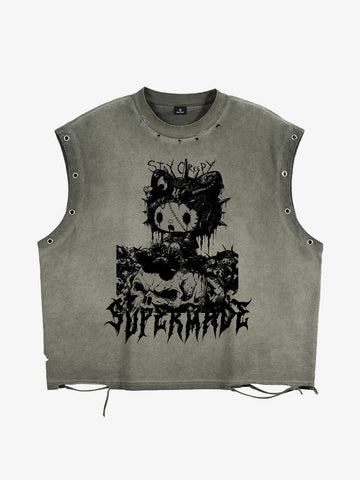 Vintage Washed Dark Cute Graphic Sleeveless T-Shirt 