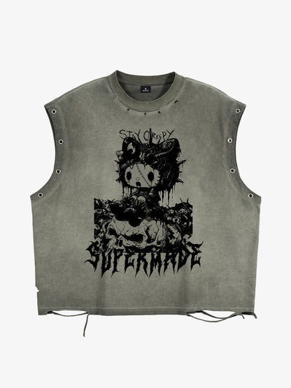 Vintage Washed Dark Cute Graphic Sleeveless T-Shirt 