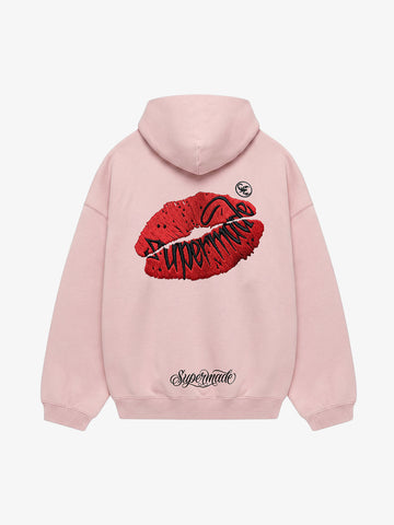Oversized Hoodie with Lip Print Embroidery