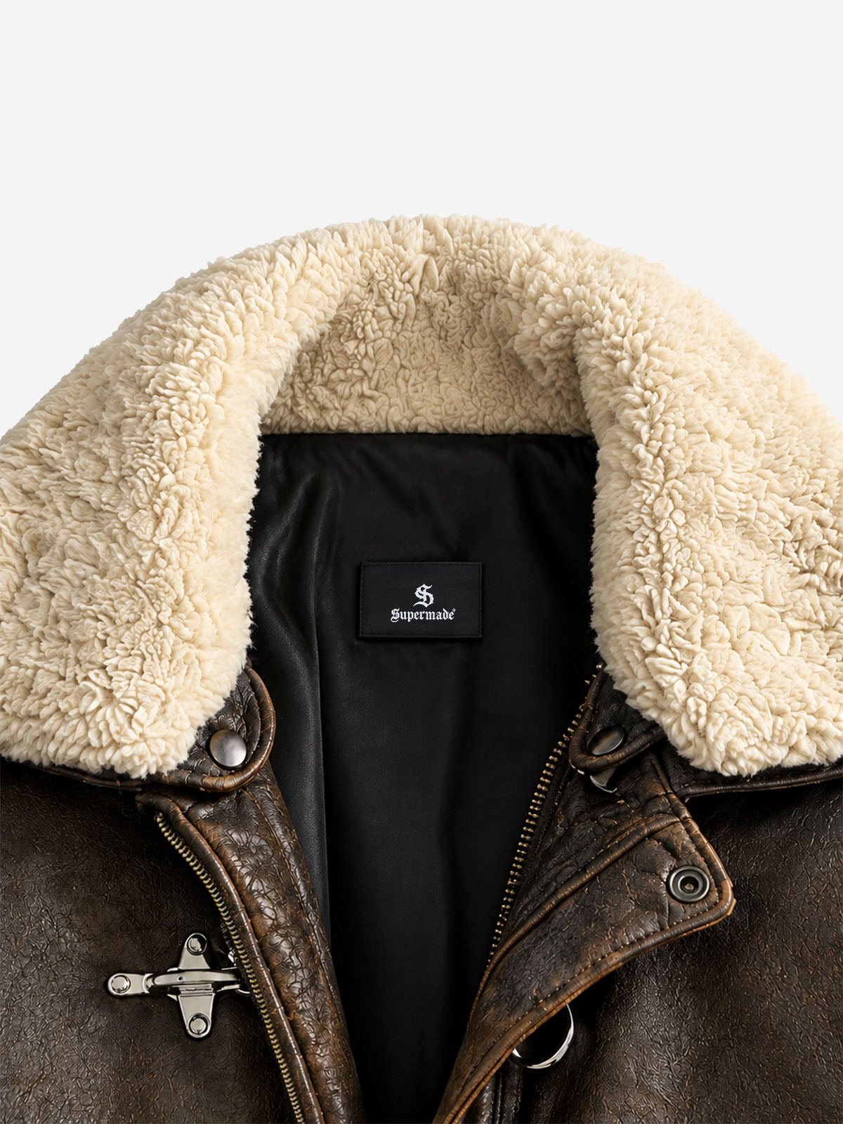 Faux-Shearling Collar Buckle Aviator Jacket