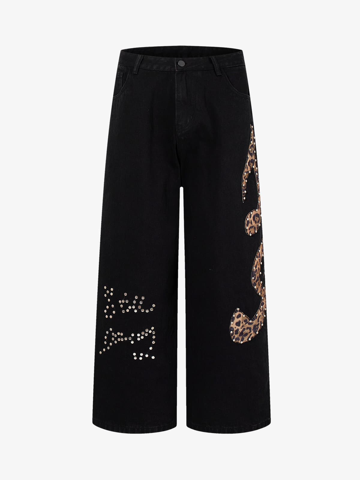 Retro Rhinestone Leopard Patch Music Note Straight Jeans 