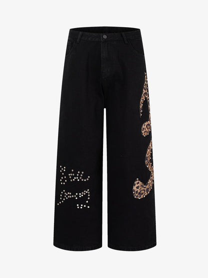 Retro Rhinestone Leopard Patch Music Note Straight Jeans 