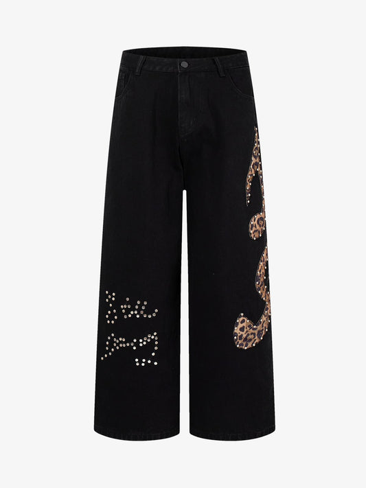 Retro Rhinestone Leopard Patch Music Note Straight Jeans 