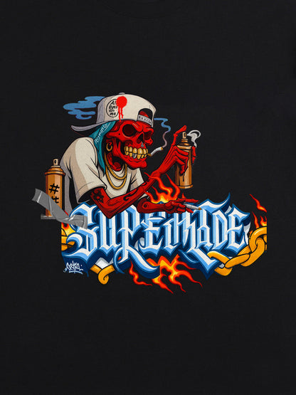 Thesupermade Skull Graffiti Artist Flame Flower Font T-shirt 