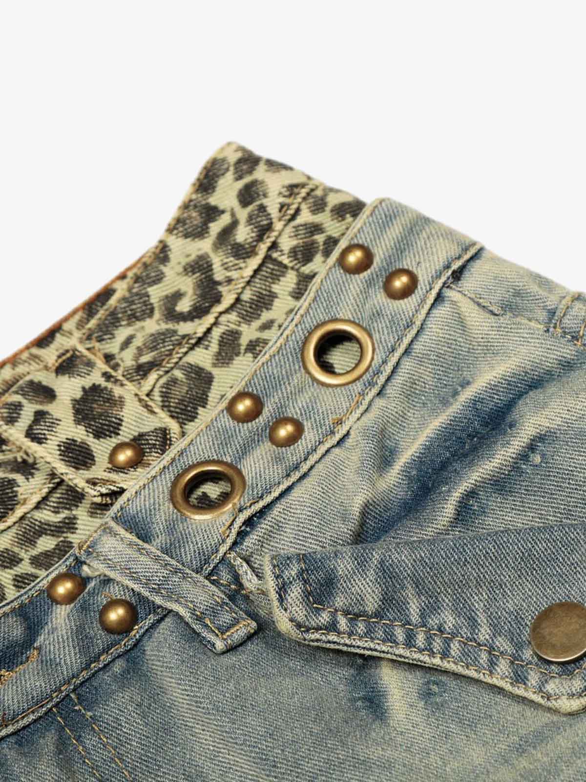 Denim Wide Leg Pants with Leopard Waistband and Gold Hardware 