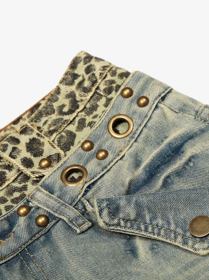 Denim Wide Leg Pants with Leopard Waistband and Gold Hardware 