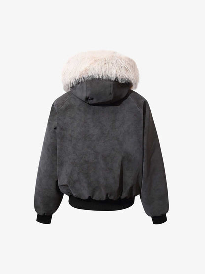 Faux Fur Trimmed Hood Suede Bomber Jacket 