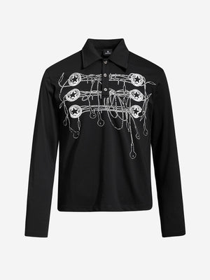 Music Graphic Metal-Button Long Sleeve Polo Shirt