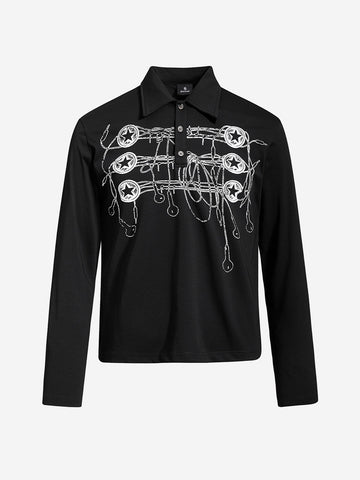 Music Graphic Metal-Button Long Sleeve Polo Shirt