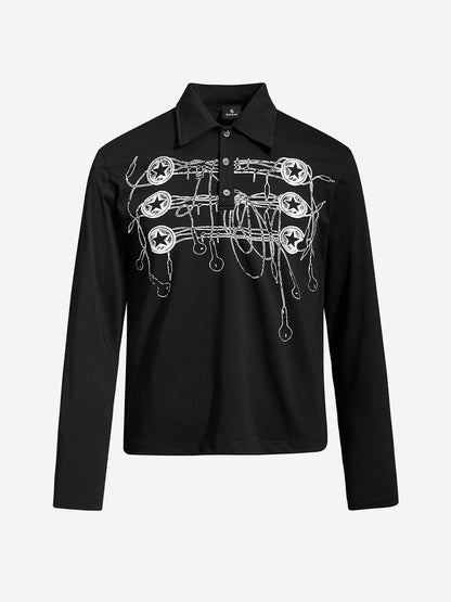 Music Graphic Metal-Button Long Sleeve Polo Shirt