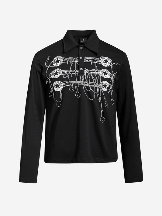 Music Graphic Metal-Button Long Sleeve Polo Shirt