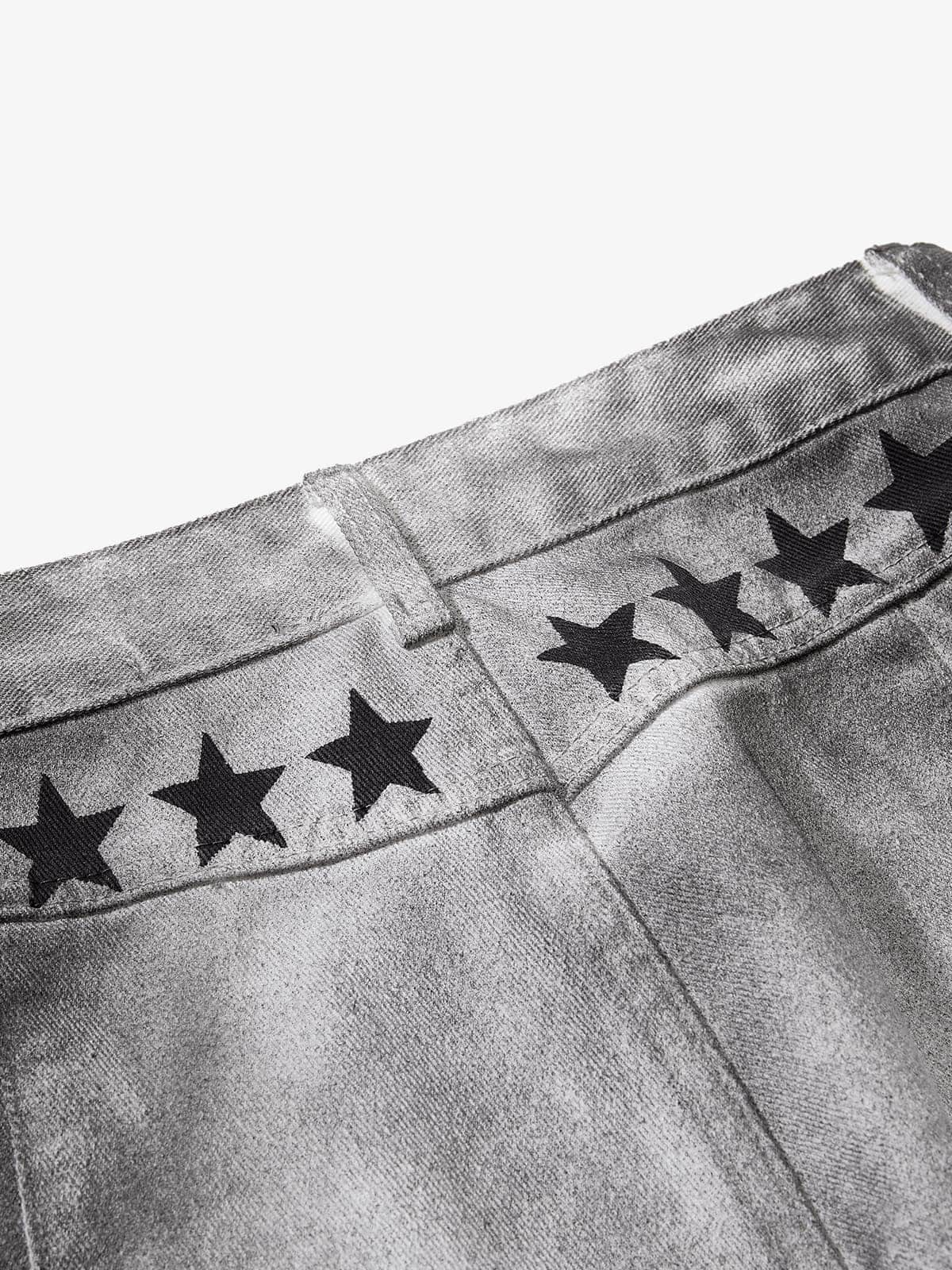 Distressed Dirty Wash Text Graphic Star Trim Straight Leg Pants 