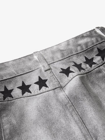 Distressed Dirty Wash Text Graphic Star Trim Straight Leg Pants 