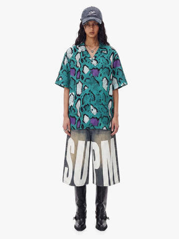Green Purple Snakeskin Camp Collar Boxy Shirt 