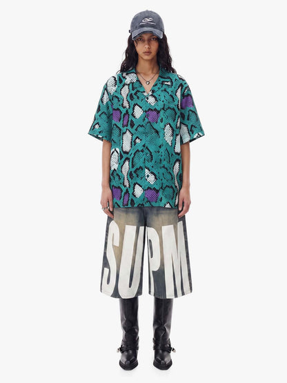 Green Purple Snakeskin Camp Collar Boxy Shirt 