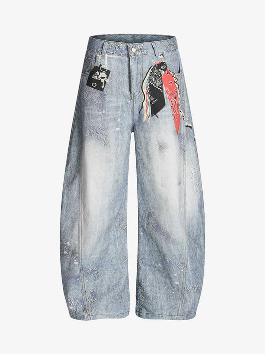 Ribbon Print Scimitar Wide-Leg Jeans 