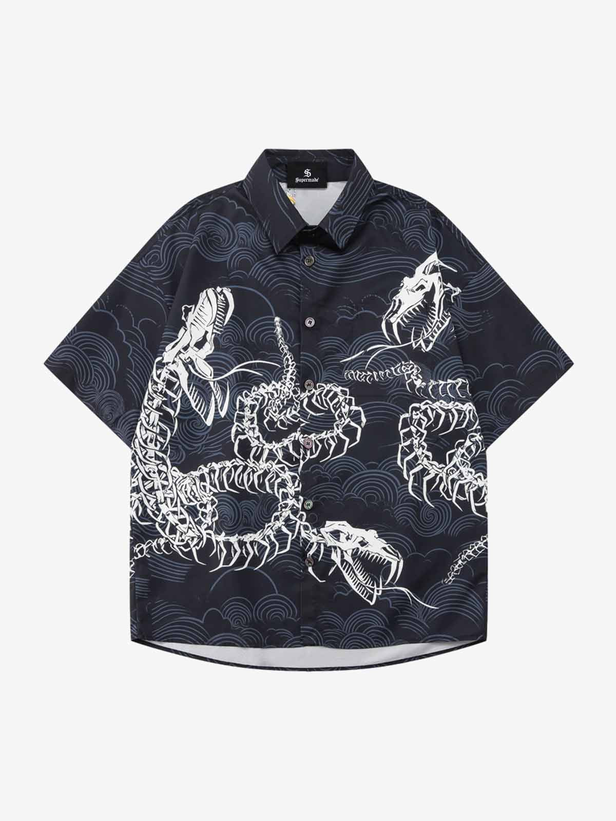 Japanese Wave Dragon Skeleton Camp Collar Boxy Shirt 