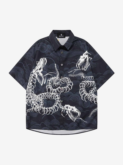 Japanese Wave Dragon Skeleton Camp Collar Boxy Shirt 