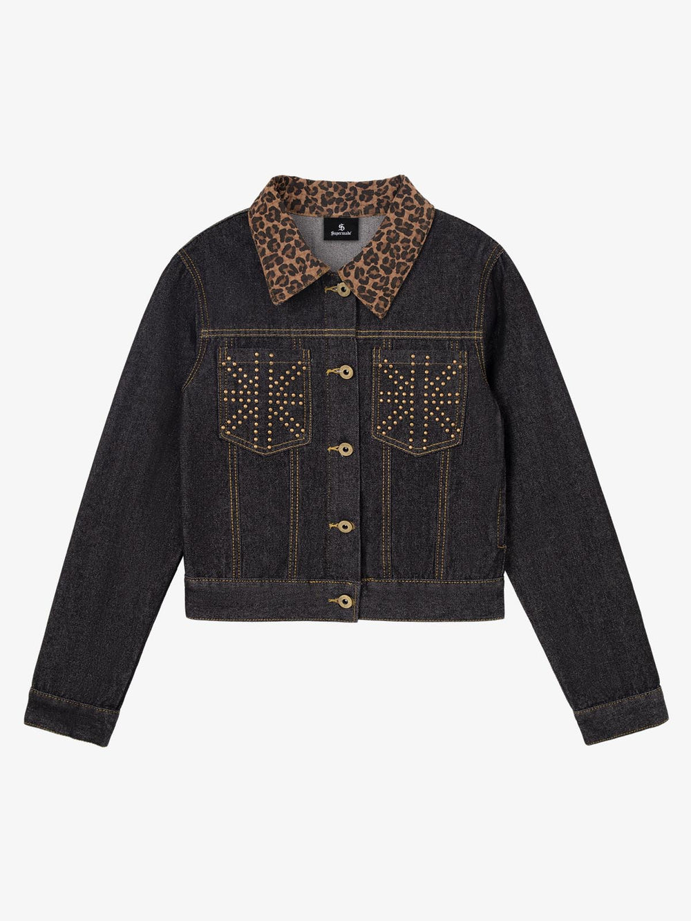 Leopard Flag Studded Pocket Denim Jacket
