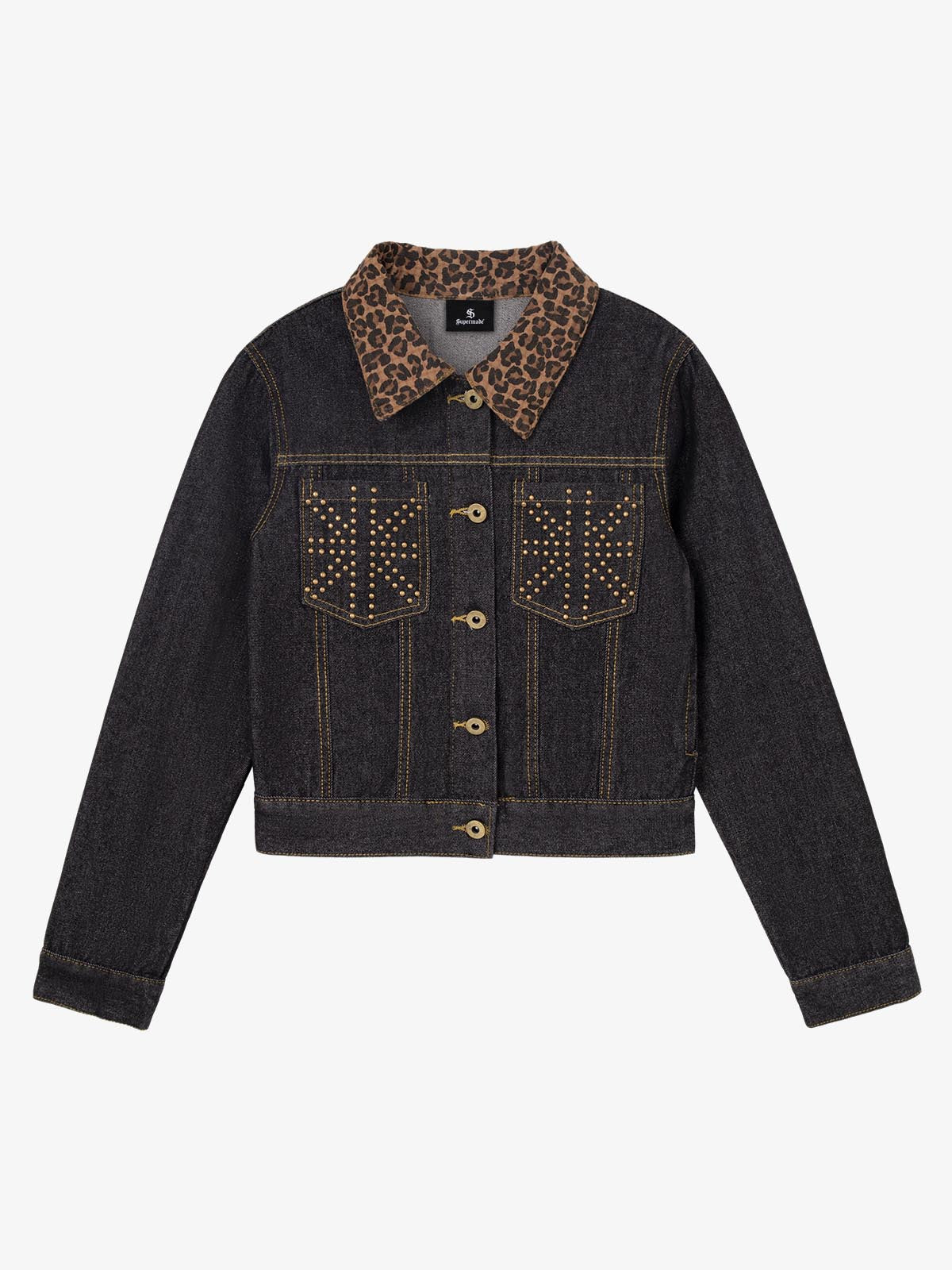 Leopard Flag Studded Pocket Denim Jacket