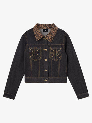 Leopard Flag Studded Pocket Denim Jacket