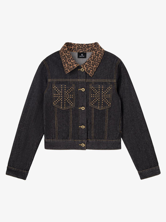 Leopard Flag Studded Pocket Denim Jacket