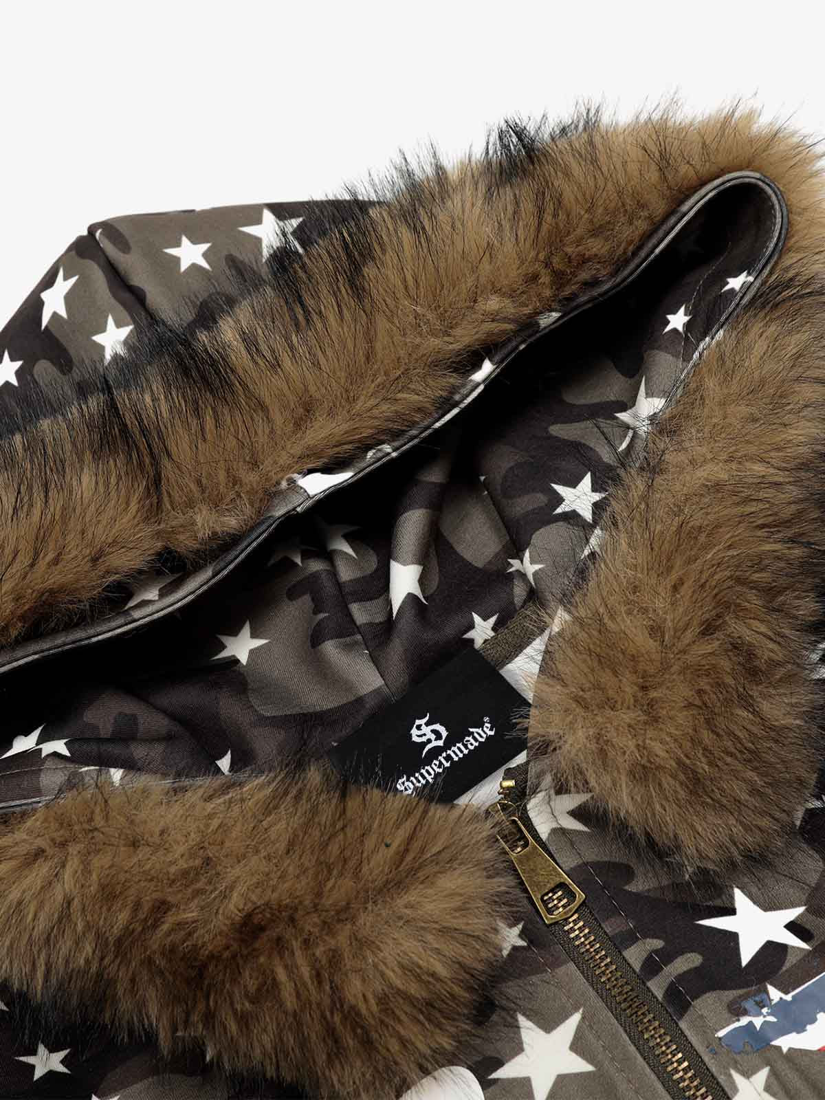 Camo Star Print Faux Fur Cropped Zip-Up Hoodie