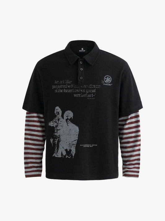 Stylish Black Polo Shirt with Striped Sleeves and Graphic Design 