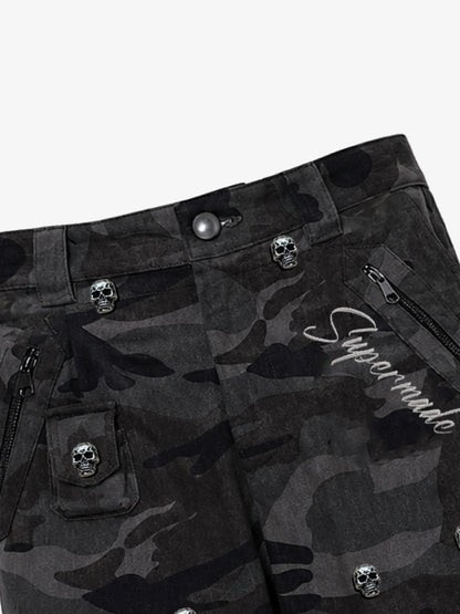 Dark Camo Cargo Pants with Skull Rivet Detail