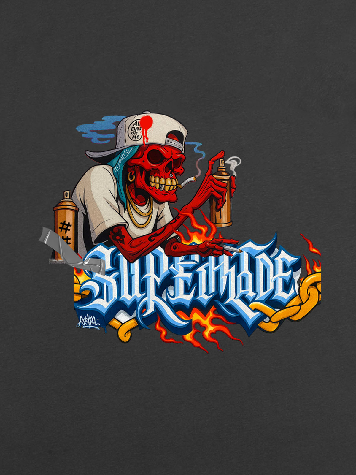 Thesupermade Skull Graffiti Artist Flame Flower Font T-shirt 