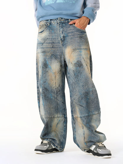 Distressed Wide-Leg Jeans with Unique Tie-Dye Effect for Trendy Looks 