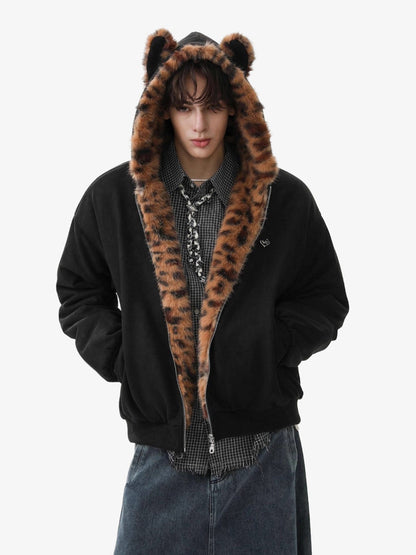 Leopard Print Hooded Jacket with Faux Fur Trim for Men - Trendy Winter Fashion 