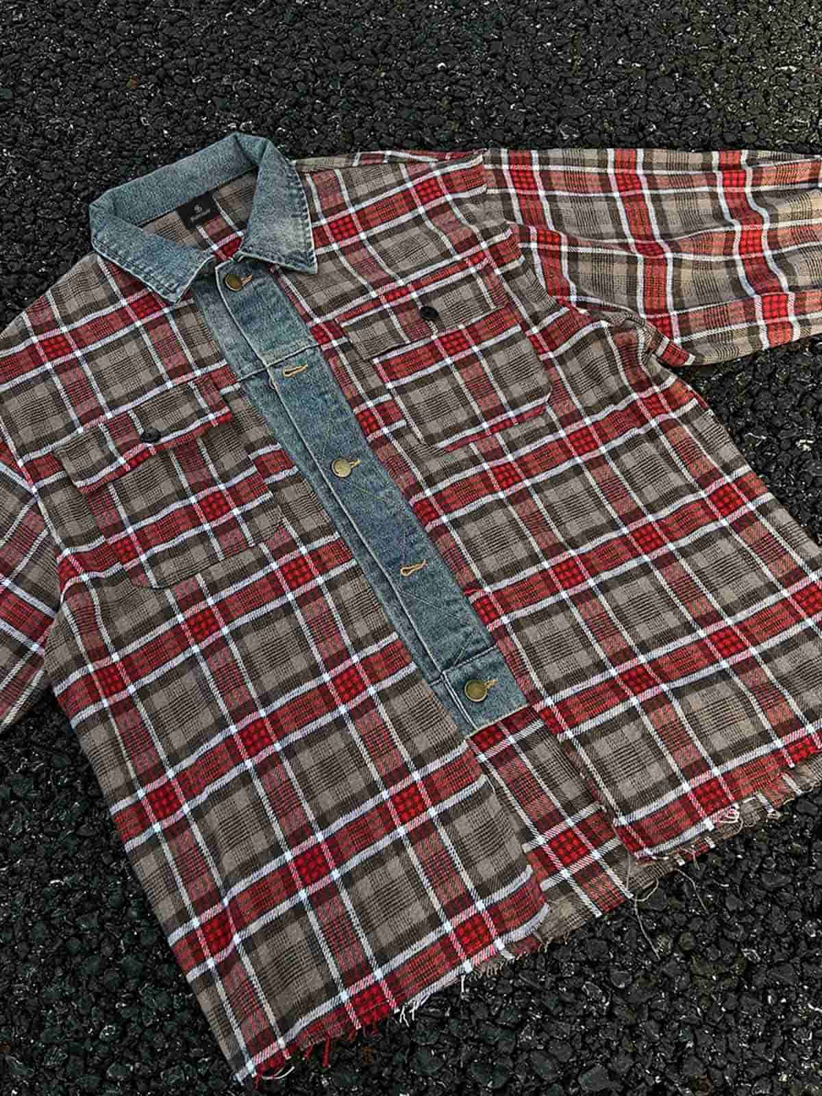 Vintage Plaid Patchwork Denim Panel Shirt 