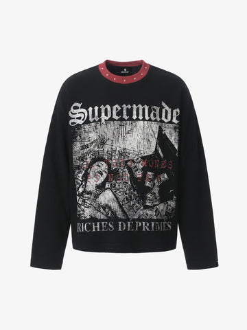 Dark Color-Blocked Print Long-Sleeve T-Shirt